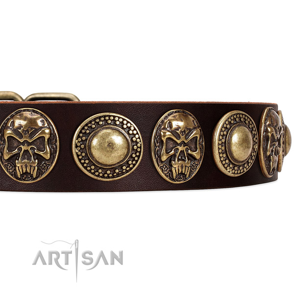Genuine leather dog collar with adornments for handy use