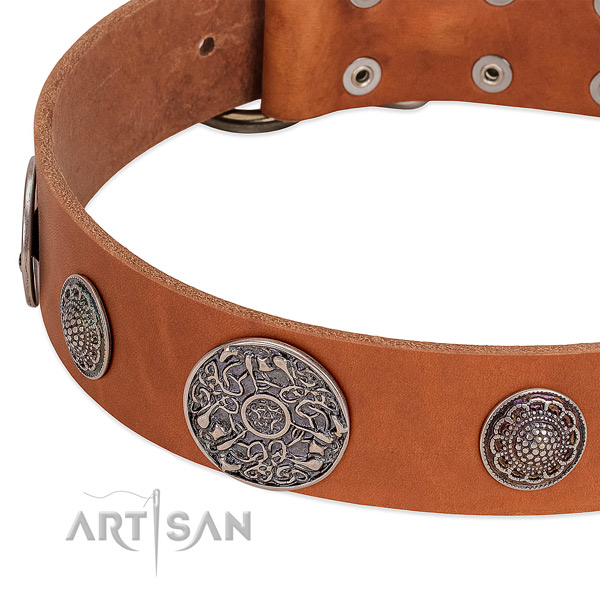 Rust-proof decorations on natural genuine leather dog collar