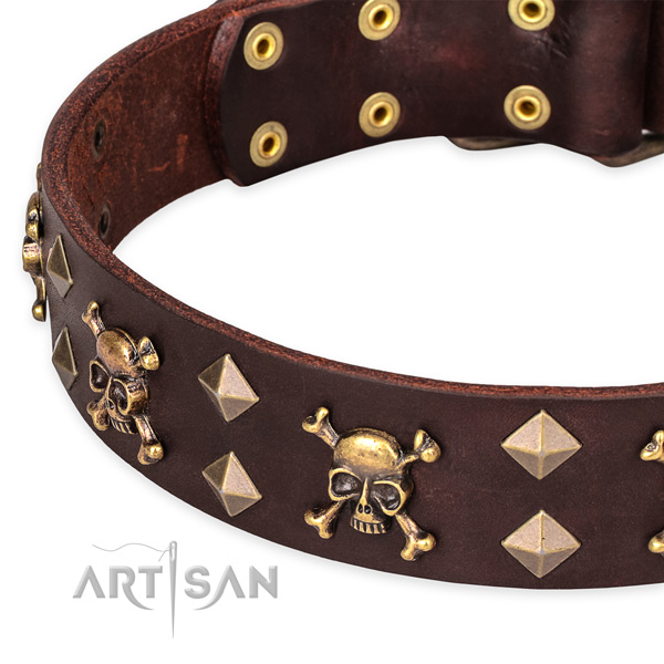 Handy use embellished dog collar of strong full grain genuine leather