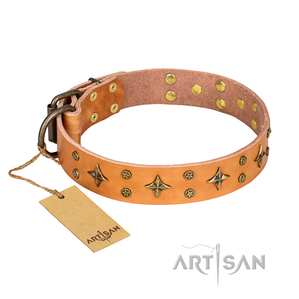 Easy wearing dog collar of fine quality leather with adornments