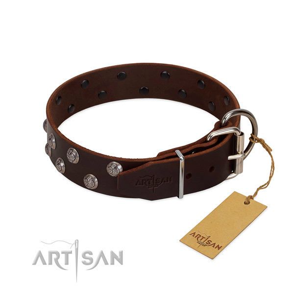 Durable D-ring on adorned full grain leather dog collar