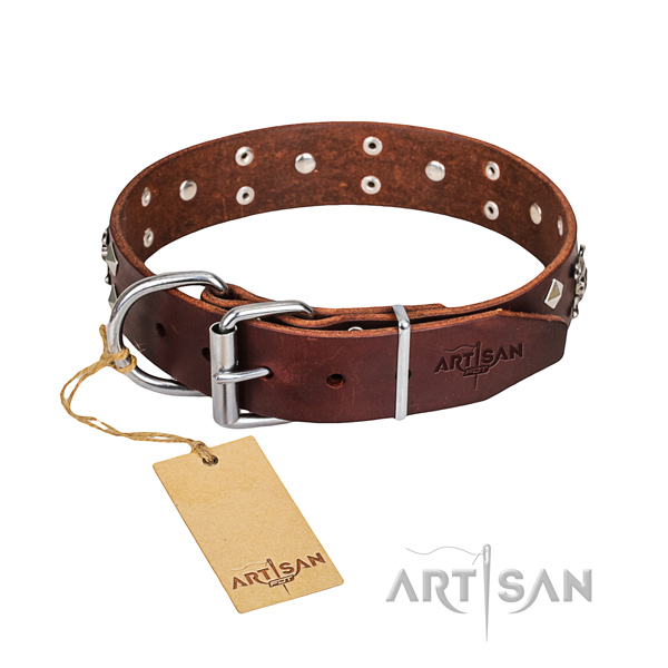 Comfy wearing dog collar of reliable full grain genuine leather with embellishments