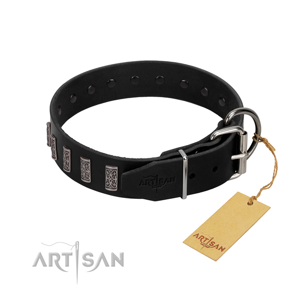 Rust-proof buckle on full grain natural leather dog collar for stylish walking your doggie