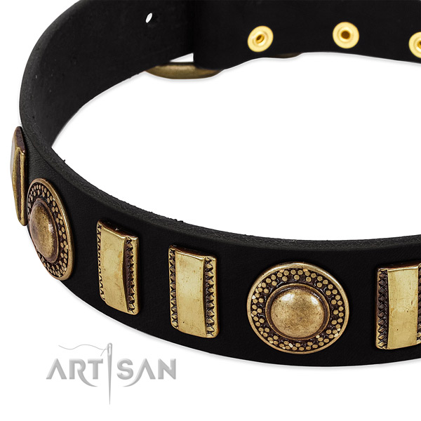 Soft to touch leather dog collar with corrosion proof traditional buckle