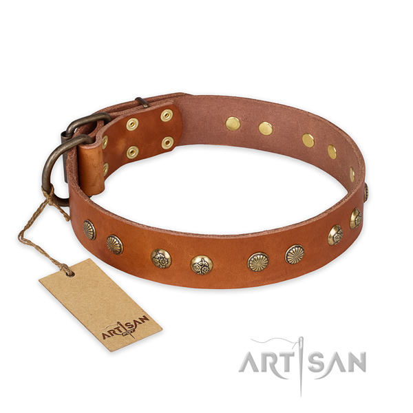Adjustable full grain natural leather dog collar with corrosion proof traditional buckle