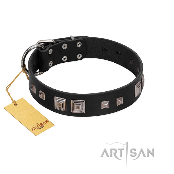 Strong buckle on full grain natural leather dog collar for everyday use