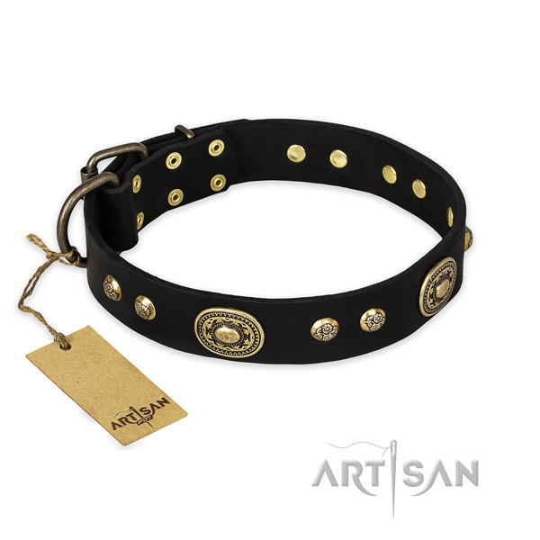 Adorned leather dog collar with reliable hardware