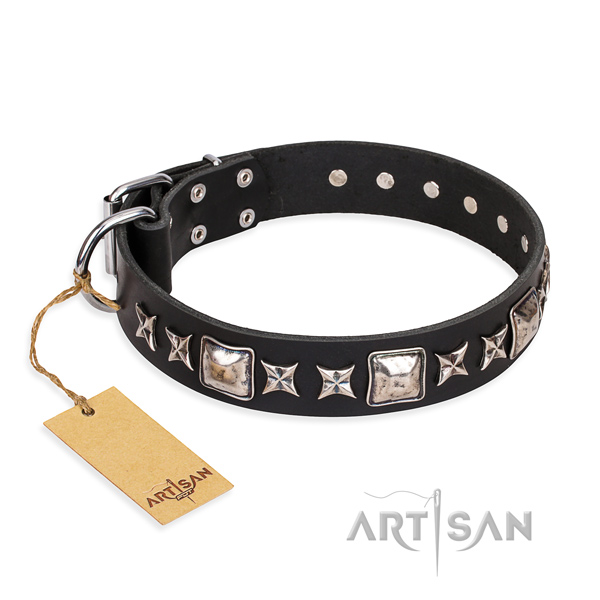 Basic training dog collar of durable genuine leather with decorations