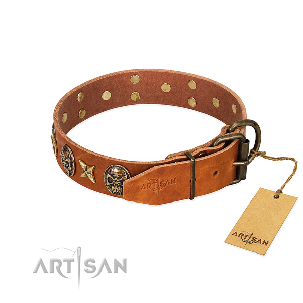 Leather dog collar with corrosion resistant buckle and adornments