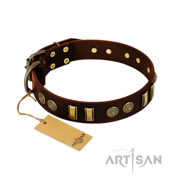 Corrosion proof D-ring on full grain natural leather dog collar for your pet