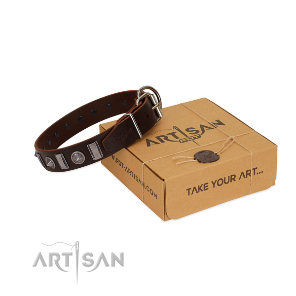 Comfy wearing soft to touch full grain natural leather dog collar with decorations
