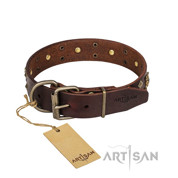 Comfortable wearing dog collar of finest quality genuine leather with adornments