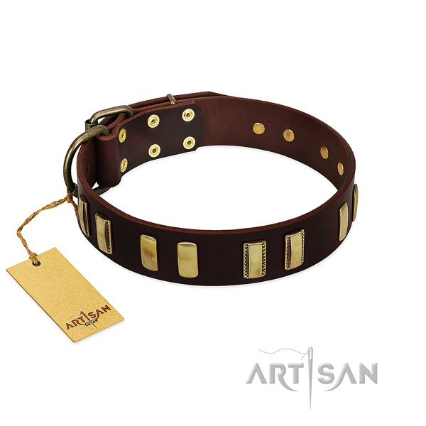 Top rate full grain natural leather dog collar with rust-proof D-ring