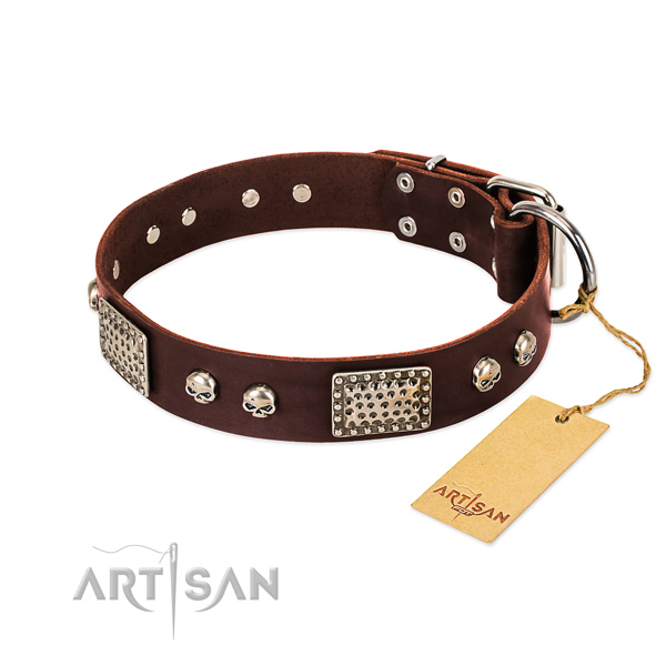 Easy adjustable genuine leather dog collar for walking your dog