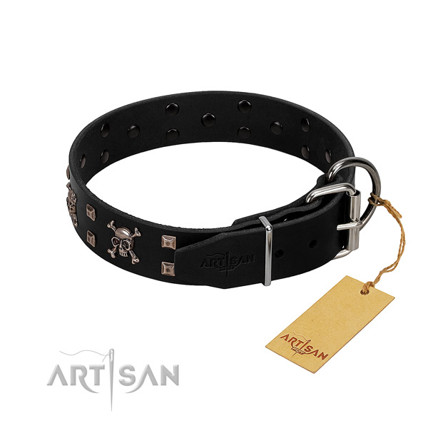 Comfy wearing soft to touch full grain leather dog collar with decorations