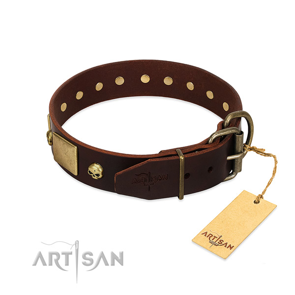 Gentle to touch full grain genuine leather dog collar with corrosion proof adornments