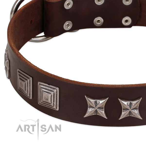 Soft full grain genuine leather dog collar with corrosion resistant D-ring