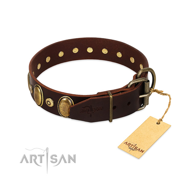 Leather dog collar with corrosion resistant decorations