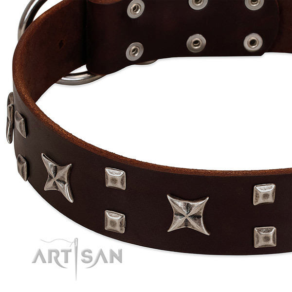 Soft genuine leather dog collar with adornments for comfortable wearing