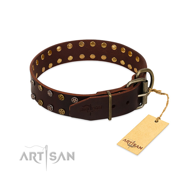 Stylish walking genuine leather dog collar with trendy decorations