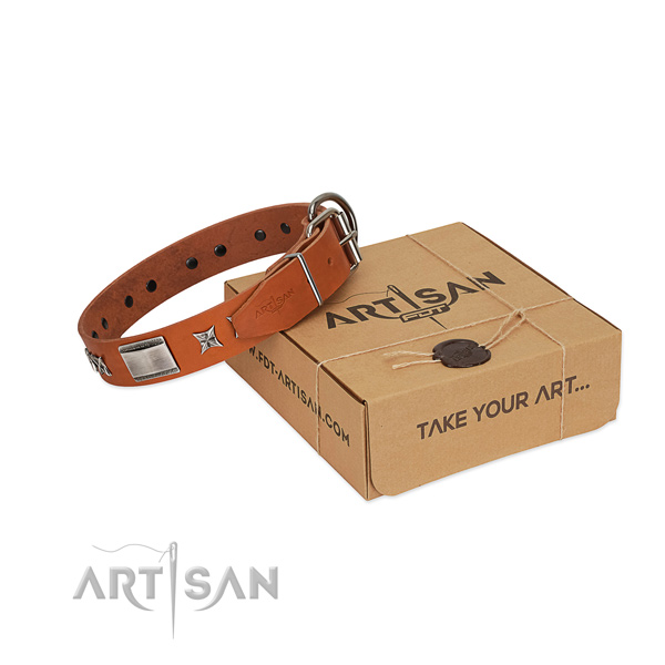 Soft to touch full grain genuine leather dog collar with strong buckle