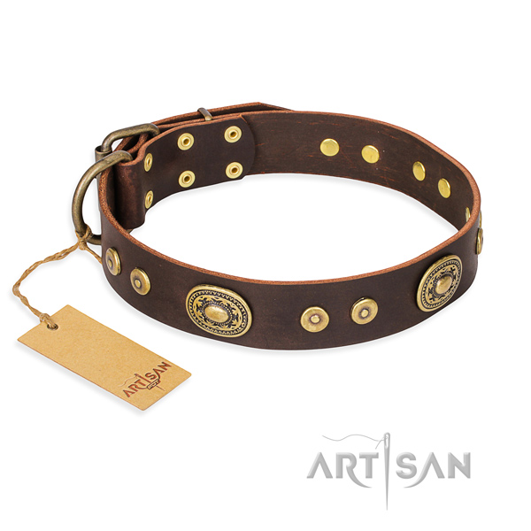 Full grain natural leather dog collar made of soft material with corrosion resistant hardware