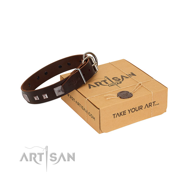 Easy to adjust natural leather collar with embellishments for your canine