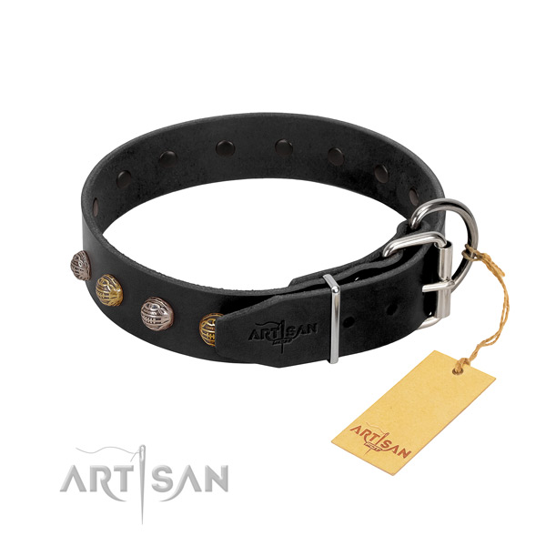 Adorned full grain leather dog collar with reliable traditional buckle