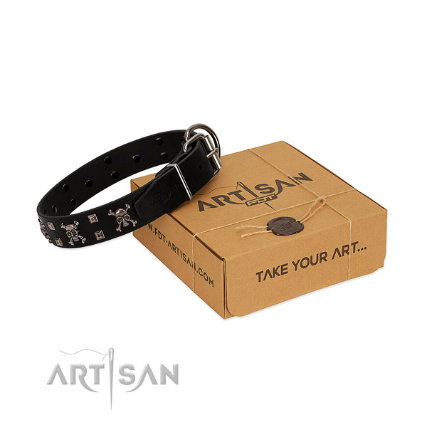 Reliable leather dog collar with corrosion resistant traditional buckle