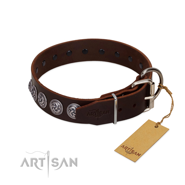 Rust resistant D-ring on stylish design full grain natural leather dog collar