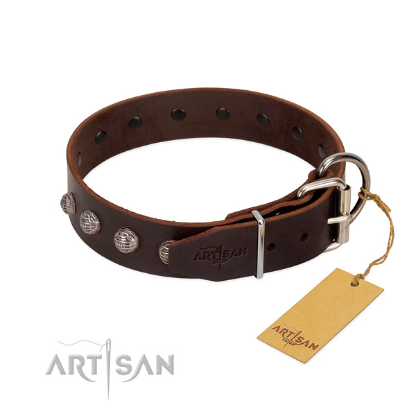 Full grain genuine leather dog collar of top notch material with amazing decorations