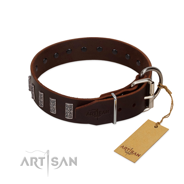 Rust resistant D-ring on genuine leather dog collar for walking your pet