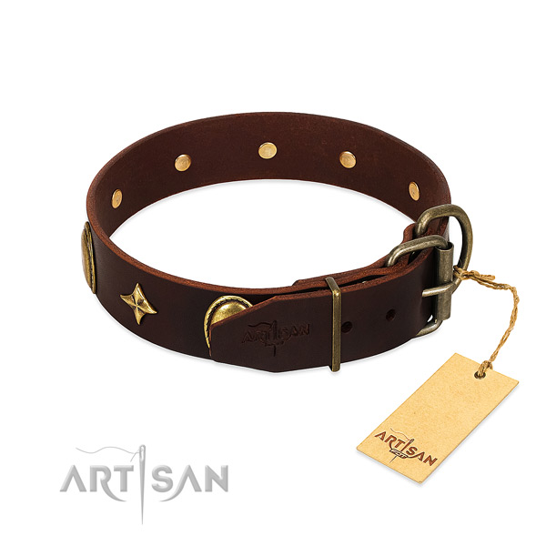 Flexible genuine leather dog collar with designer decorations