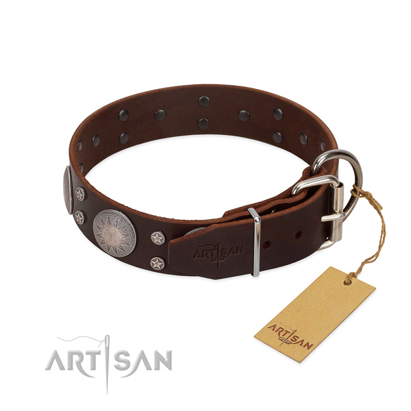 Corrosion resistant buckle on full grain genuine leather dog collar for easy wearing