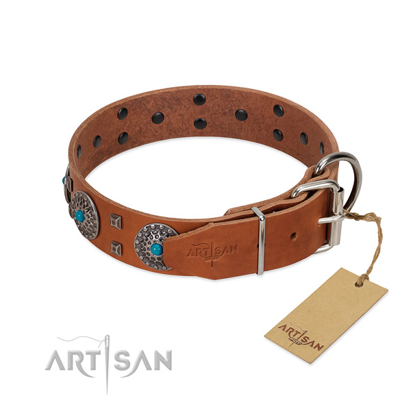 Soft to touch genuine leather dog collar with embellishments for everyday use