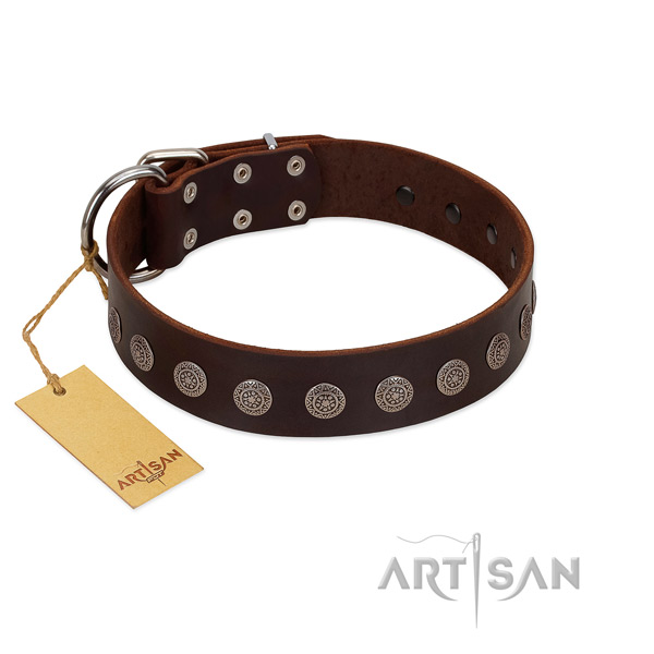 Fashionable embellished full grain natural leather dog collar