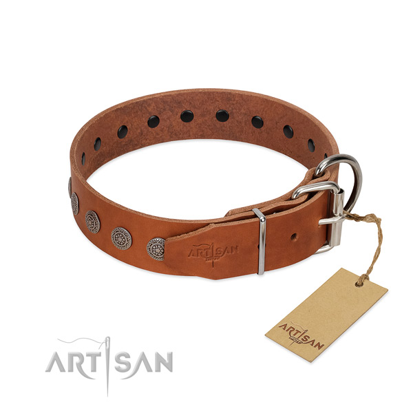 Unique adornments on full grain leather collar for comfortable wearing your dog