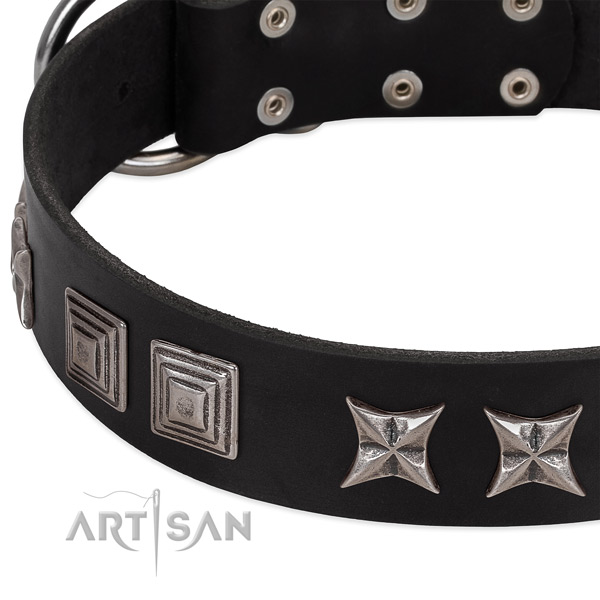 Easy wearing leather dog collar with top notch studs