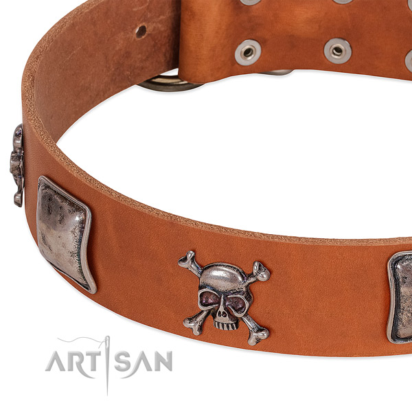 Corrosion proof decorations on genuine leather dog collar