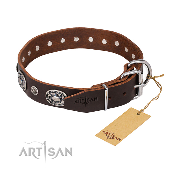 High quality natural genuine leather dog collar made for everyday walking