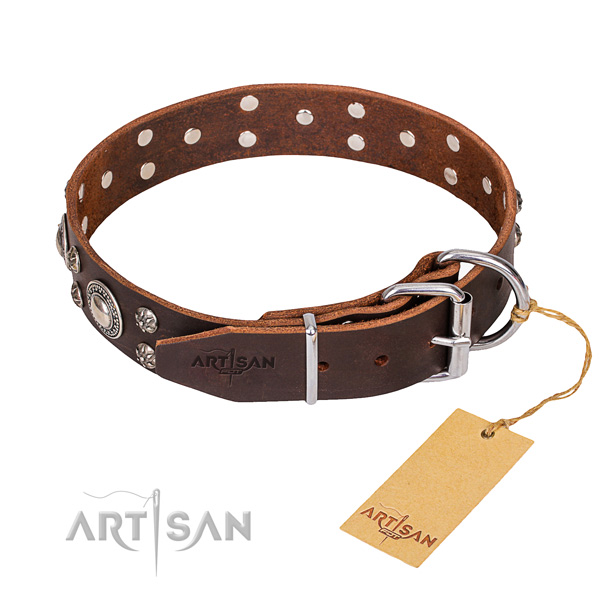 Comfortable wearing embellished dog collar of quality full grain genuine leather