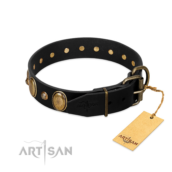 Rust resistant fittings on natural genuine leather collar for fancy walking your pet