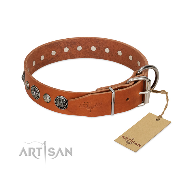Top rate genuine leather dog collar with rust-proof hardware