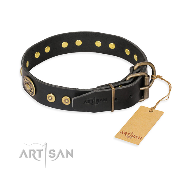 Natural genuine leather dog collar made of quality material with reliable embellishments