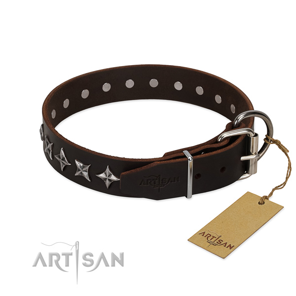 Comfortable wearing adorned dog collar of top notch leather