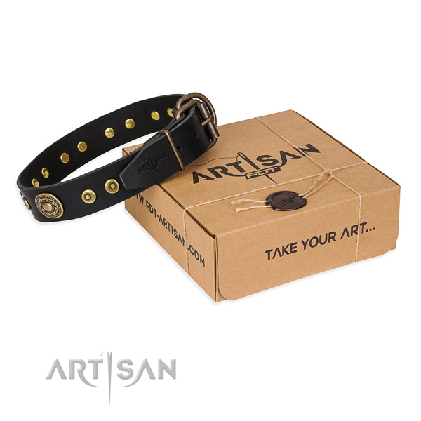 Natural genuine leather dog collar made of reliable material with rust-proof hardware