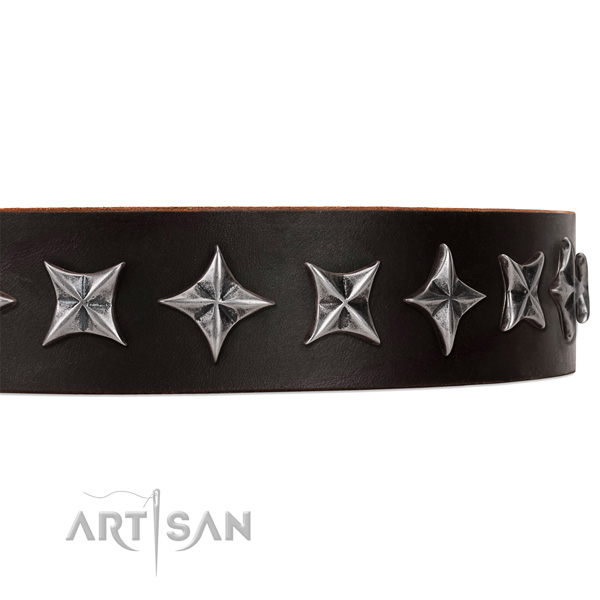 Comfortable wearing adorned dog collar of top quality full grain genuine leather