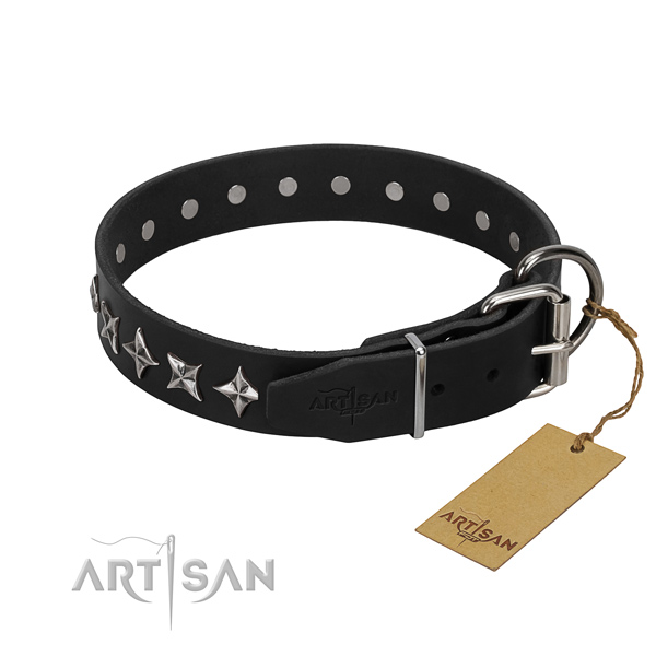 Basic training embellished dog collar of strong genuine leather