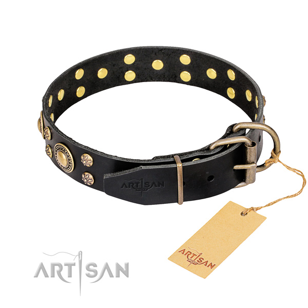 Handy use adorned dog collar of top notch full grain genuine leather
