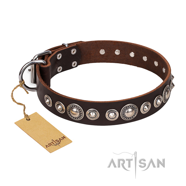 Strong embellished dog collar of full grain leather